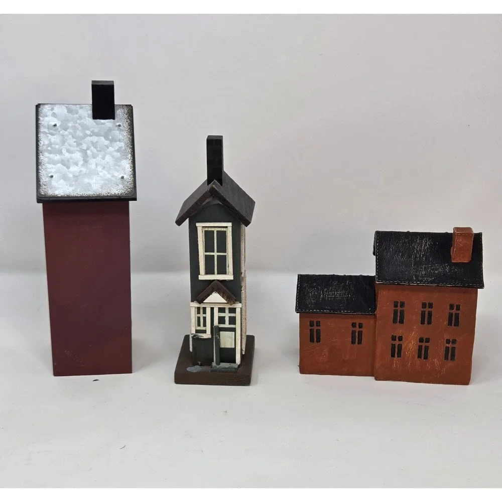 Primitive Farmhouse Wood House Decor Lot Set 3 Saltbox Birdhouse Pizza Shop